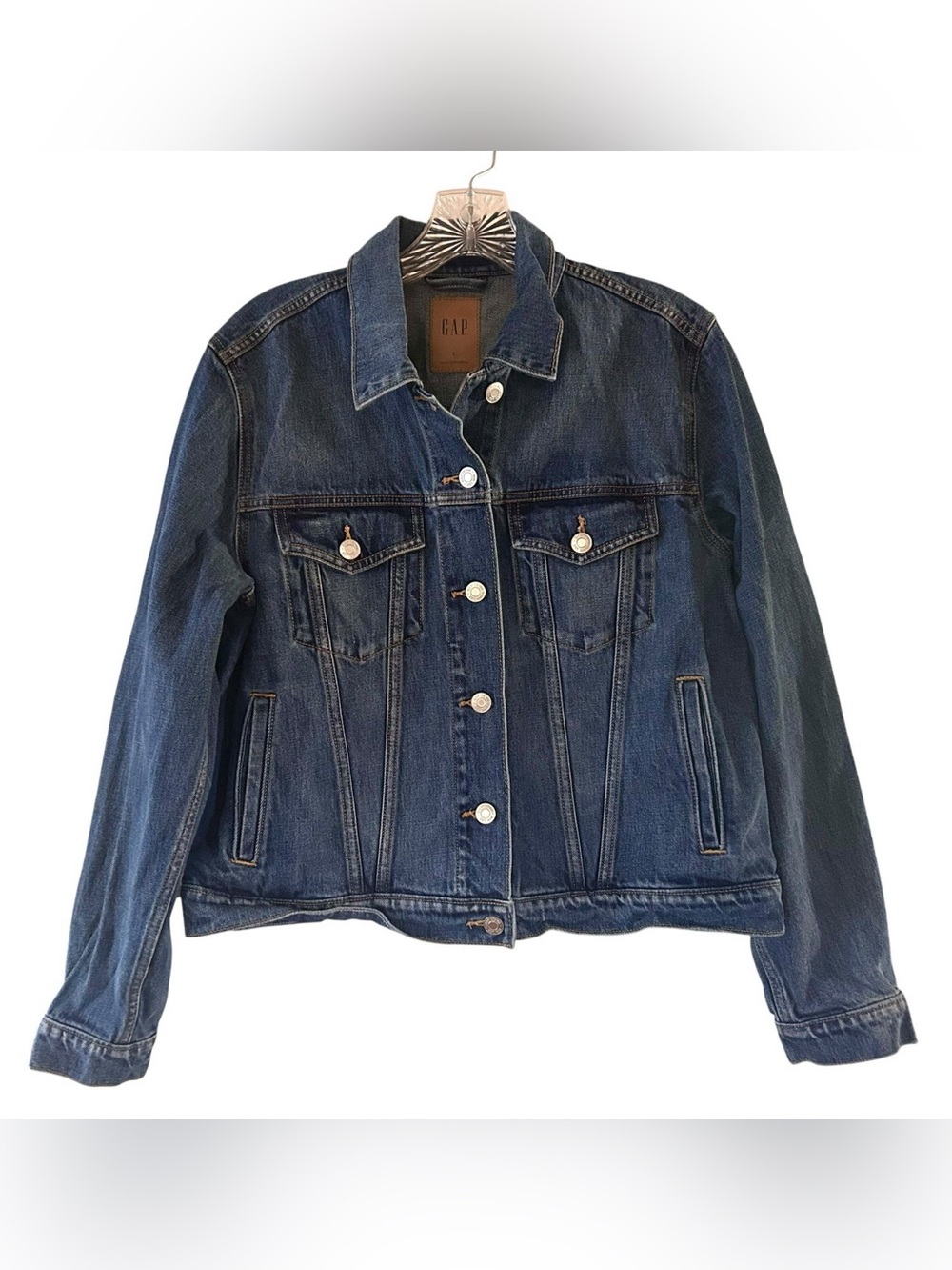 GAP Women’s Icon Blue Jean Denim Button Jacket Sz Large Dark Wash Heavy Duty